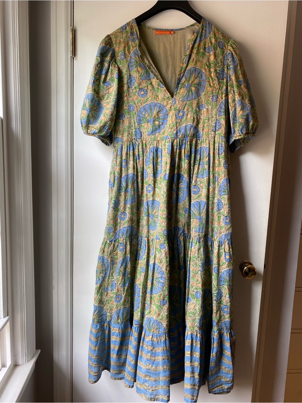 Oliphant Blue and Green Floral Tiered Maxi Dress